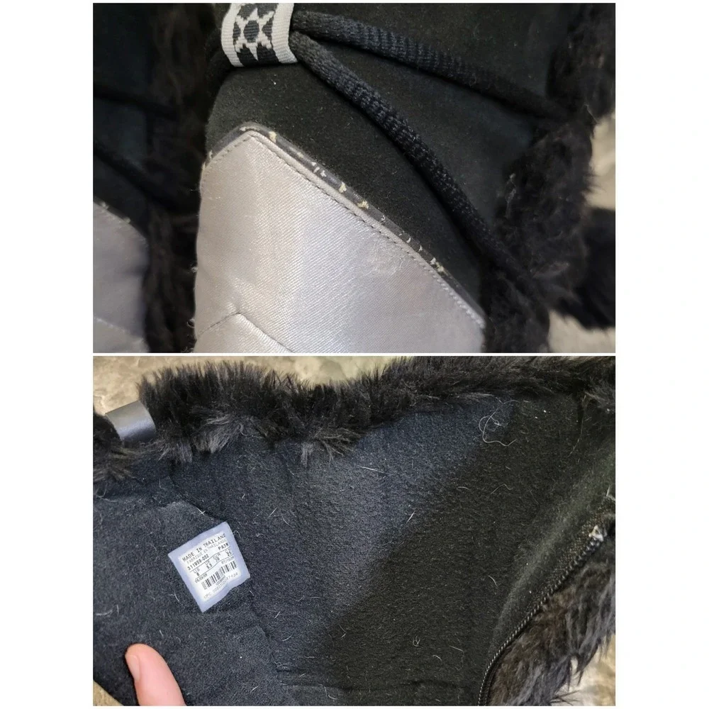 Vintage y2k Nike Snow Moon Boots Black Suede Faux‎ Fur Pom Pom Silver Size 8